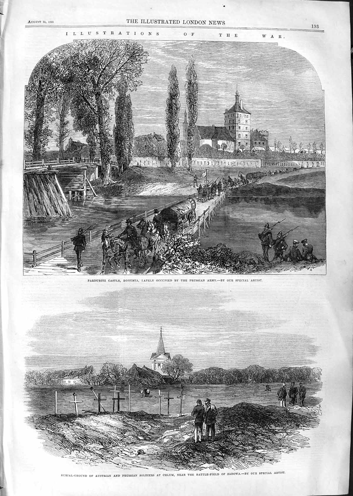 Old Antique Print 1866 Pardubitz Castle Prussian Army Chlum Sadowa Graves 19th