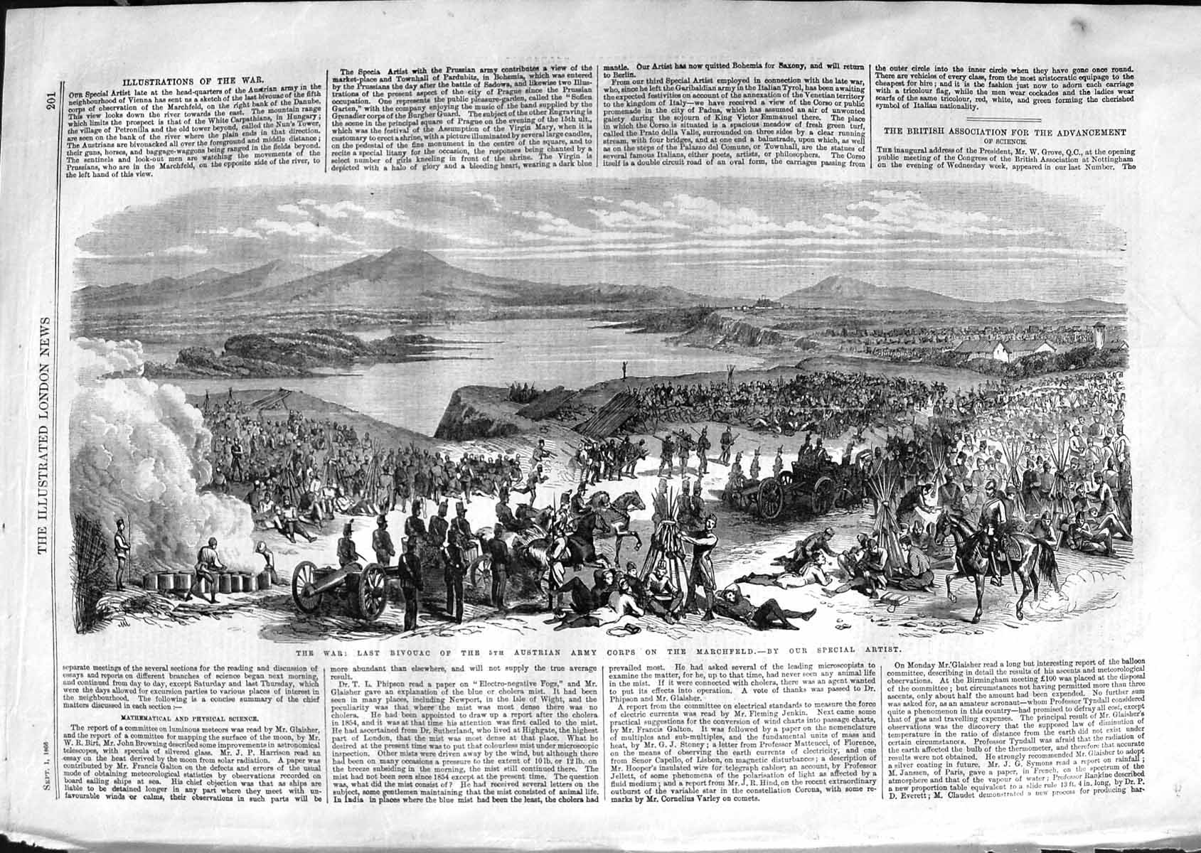 Original Old Antique Print 1866 War Bivouac Austrian Army Corps Marchfield Sier