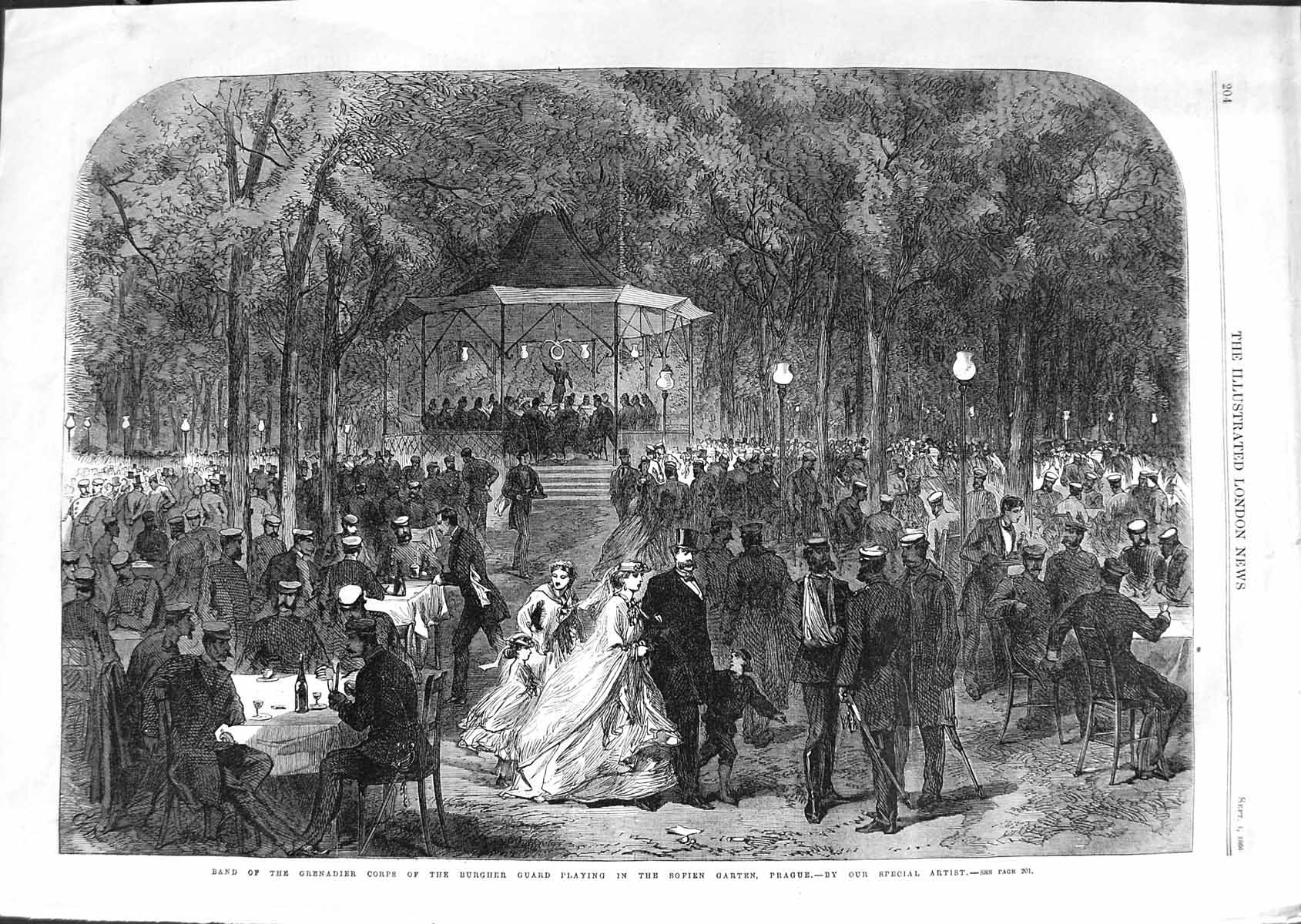 Old Antique Print 1866 Band Grenadier Corps Burgher Guard Sofien Prague 19th