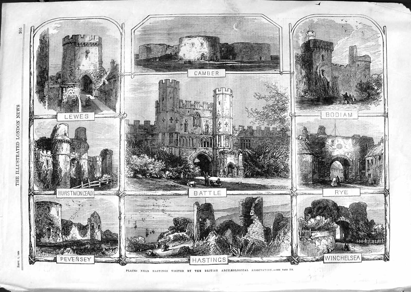 Old Antique Print 1866 Hastings Battle Rye Winchelsea Bodiam Lewes Camber 19th