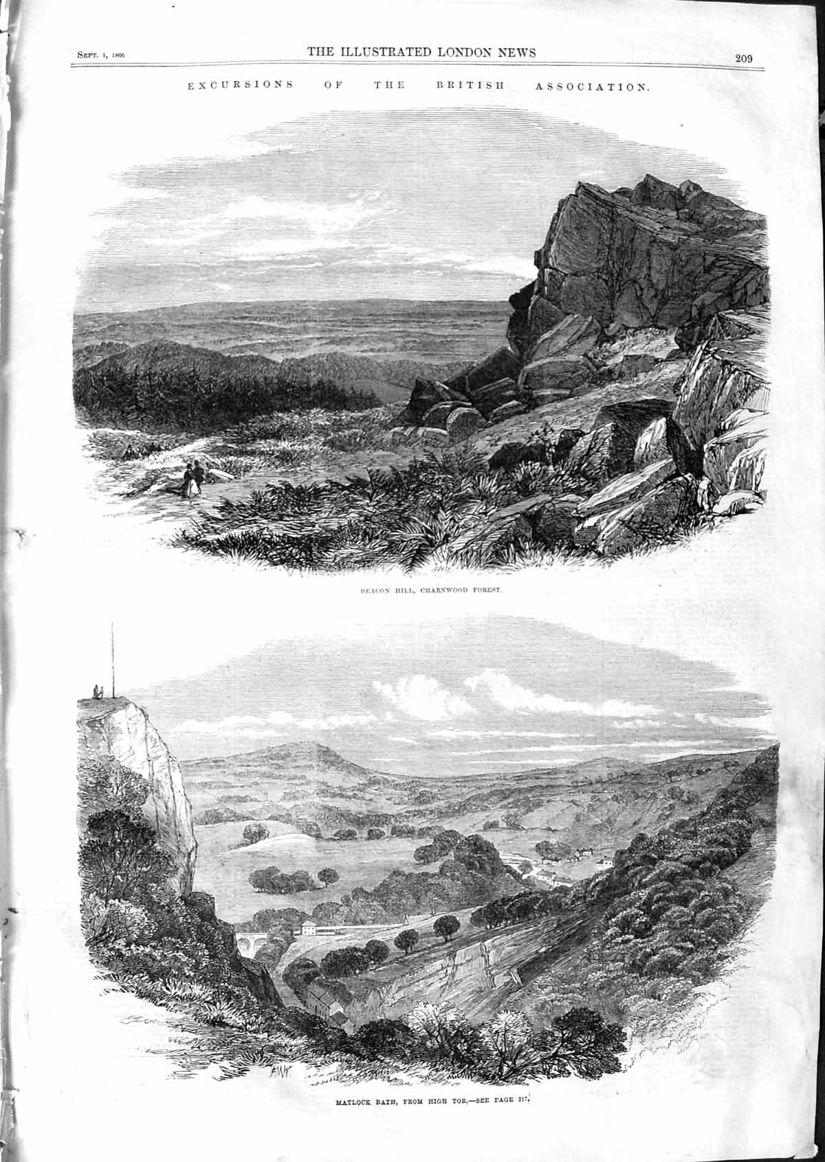 Original Old Antique Print 1866 Beacon Hill Charnwood Forest Matlock Bath Tor
