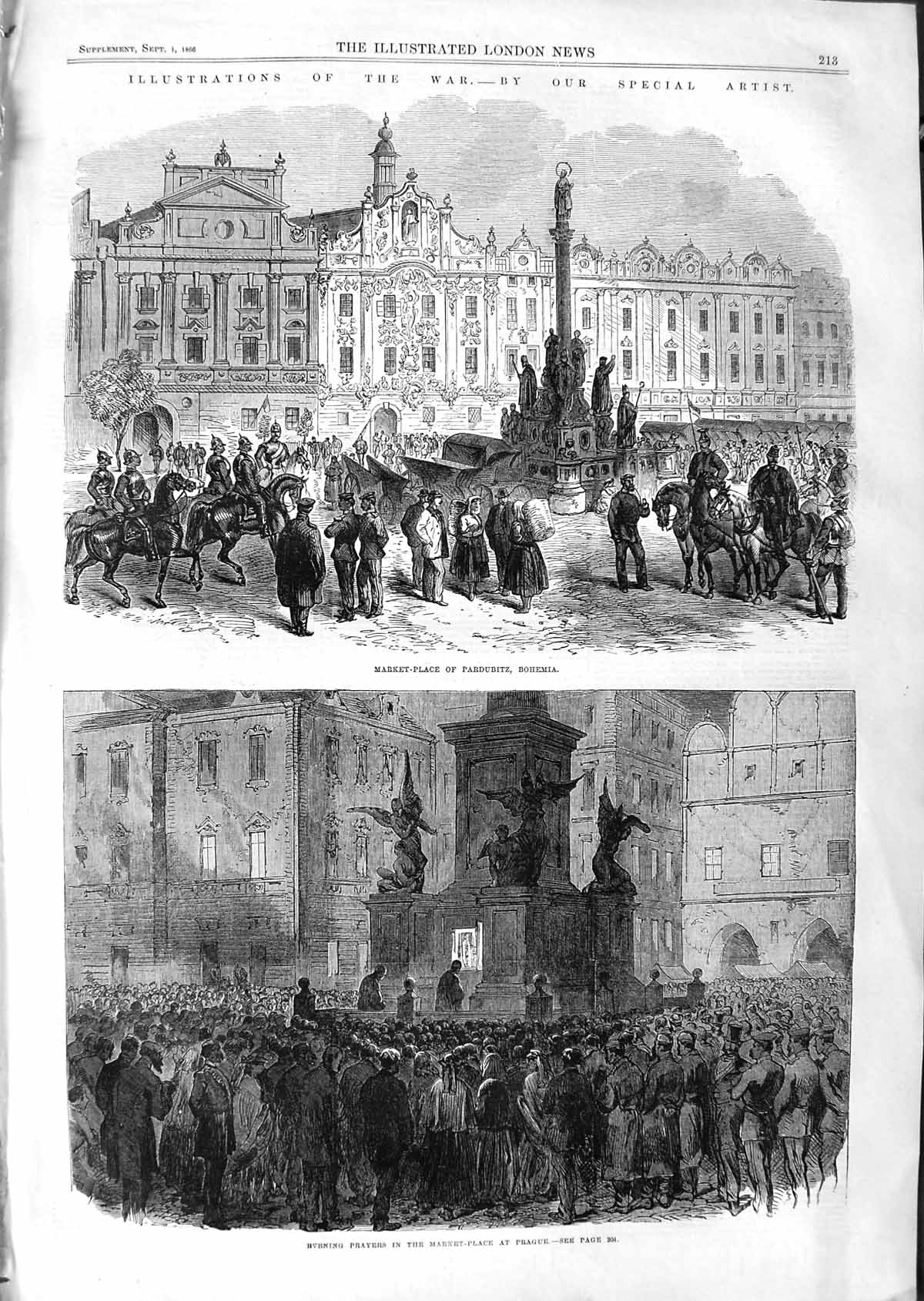 Original Old Antique Print 1866 Market Place Pardubitz Bohemia Prayers Prague