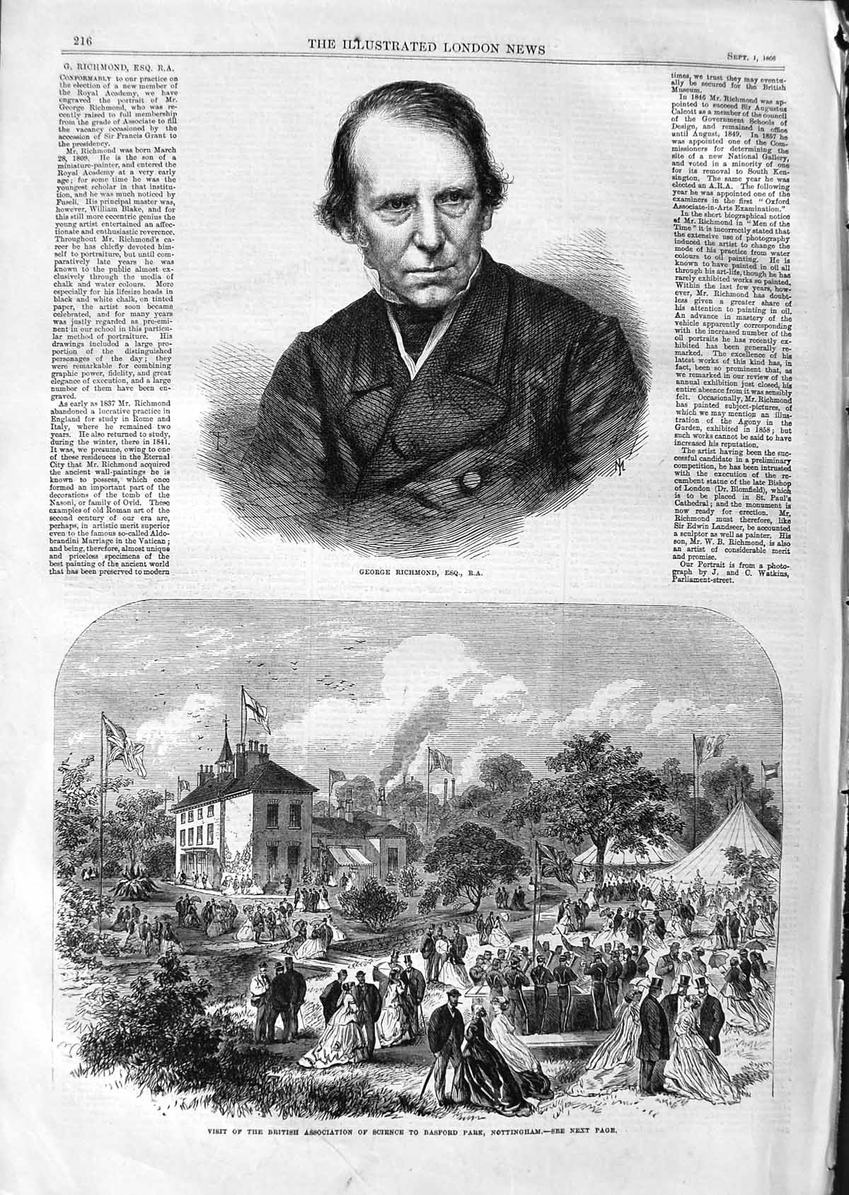 Old Antique Print 1866 Portrait George Richmond Basford Park Nottingham 19th