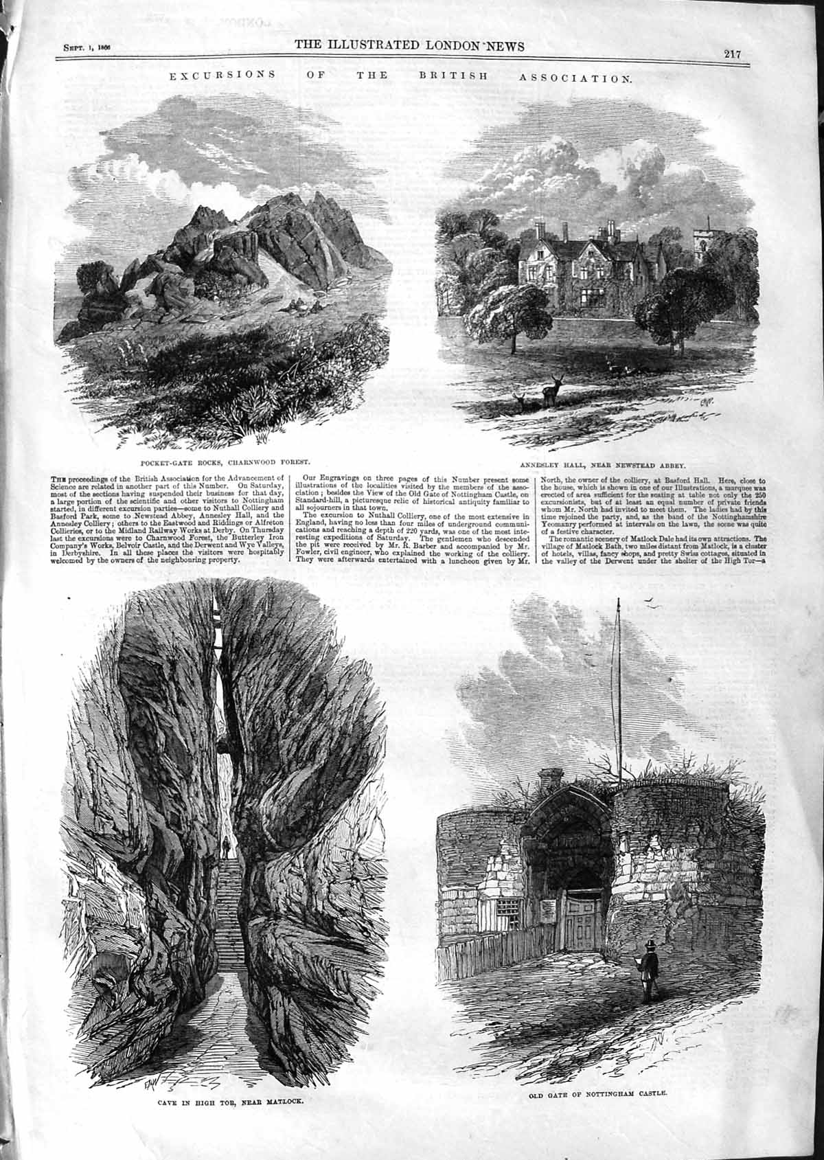 Old Antique Print 1866 Charnwood Forest Annesley Hall Cave Matlock Castle 19th