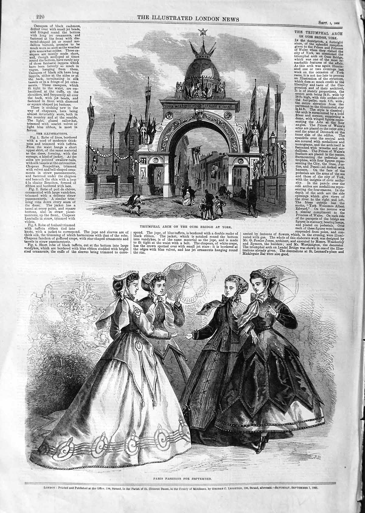Original Old Antique Print 1866 Triumphal Arch Ouse Bridge York Paris Victorian