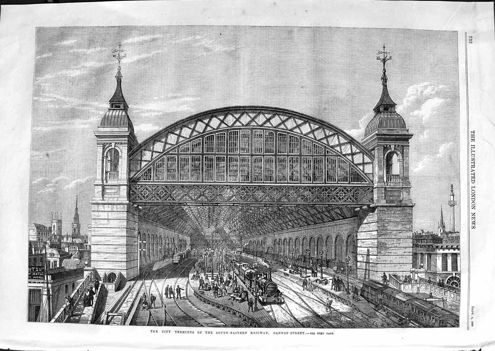 Original Old Antique Print 1866 City Terminus South-Eastern Railway Cannon 19th