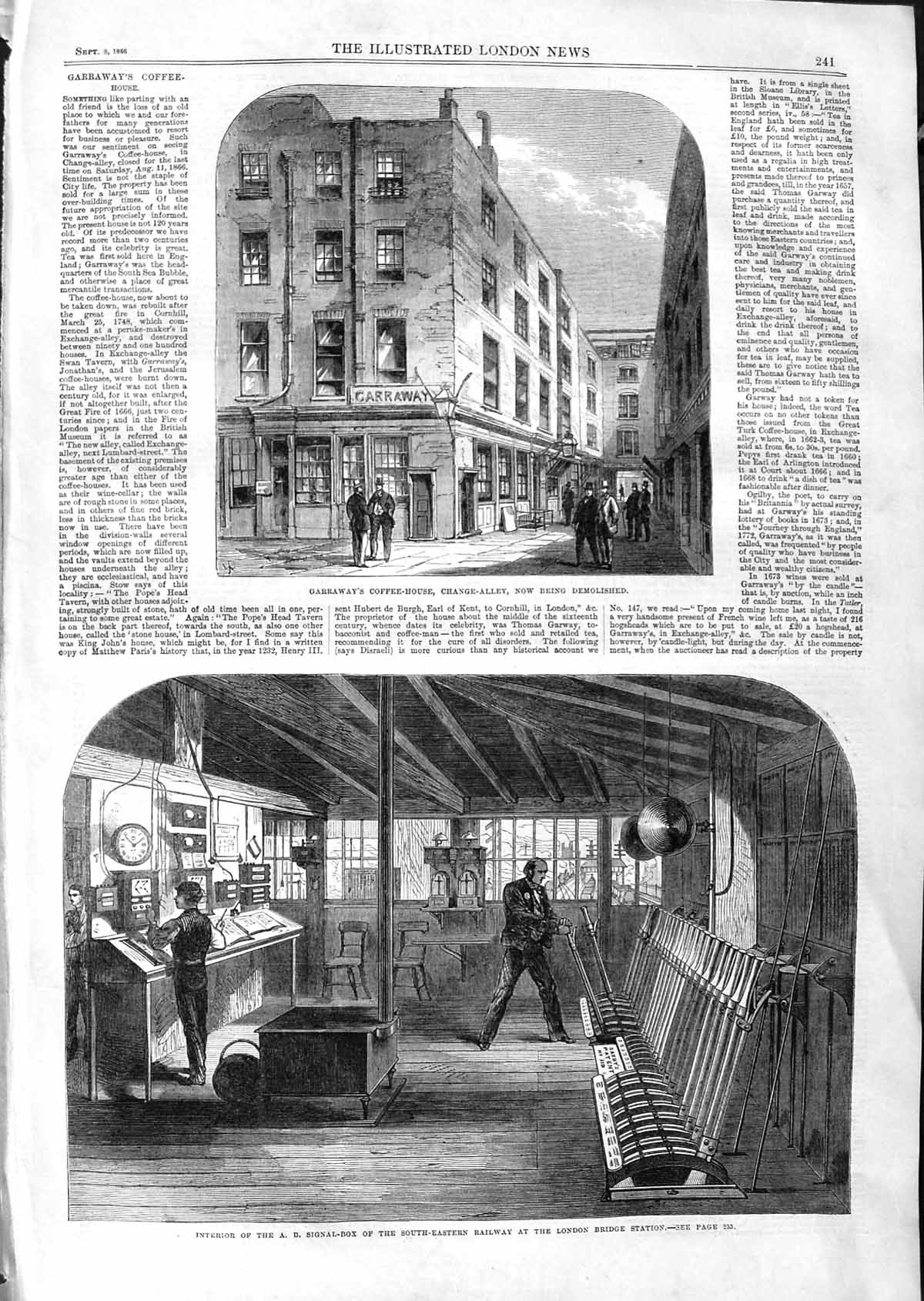 Original Old Antique Print 1866 Garraway Coffee House Signal Box Railway 19th