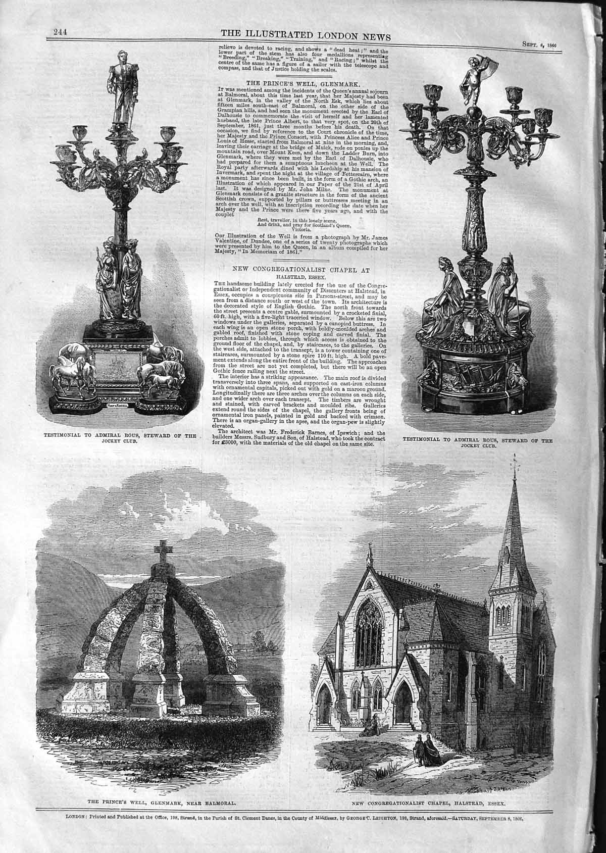 Original Old Antique Print 1866 Prince'S Well Glenmark Balmoral Chapel Halstead