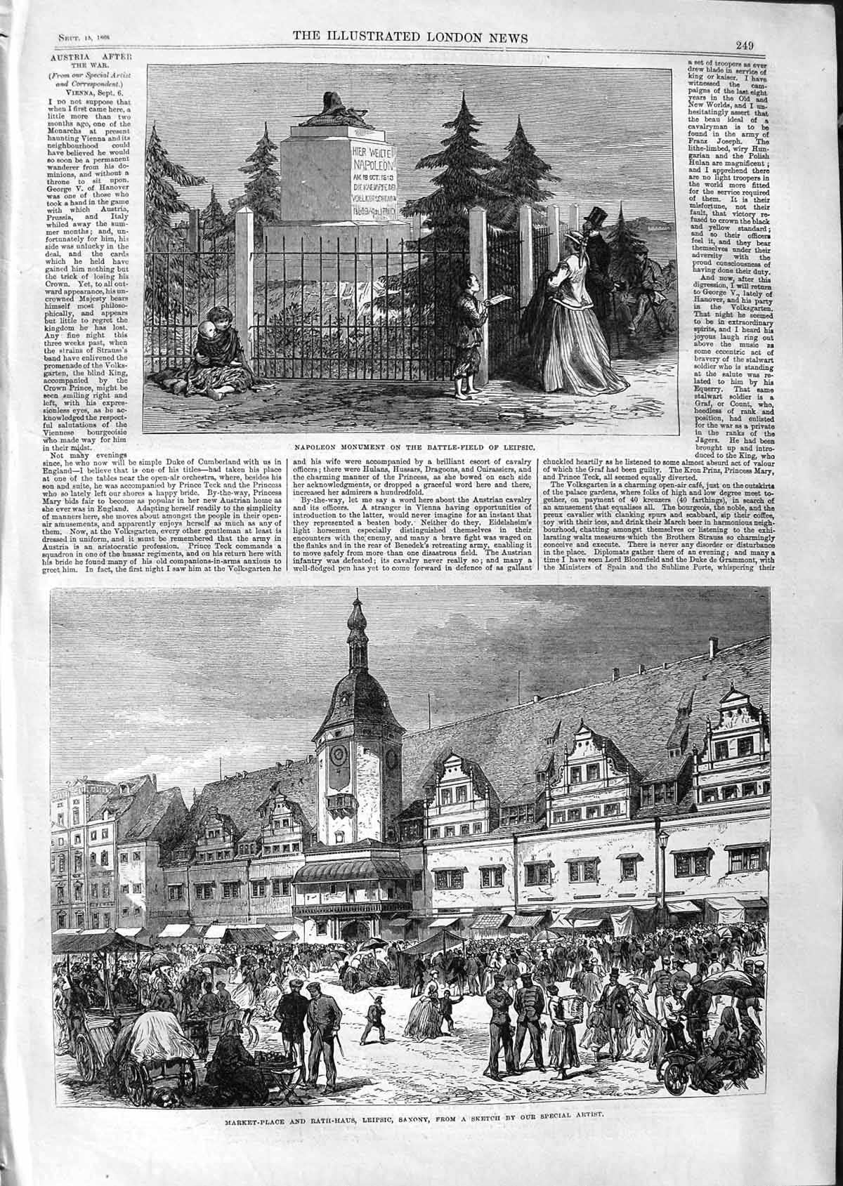Old Antique Print 1866 Napoleon Monument Leipsic Rath-Haus Market Place 19th