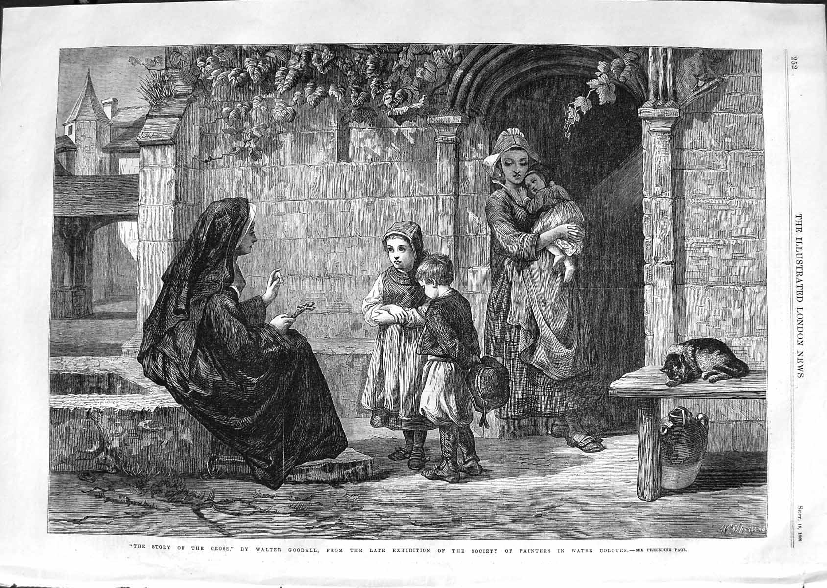 Old Antique Print 1866 Story Cross Nun Children Walter Goodall Fine Art 19th