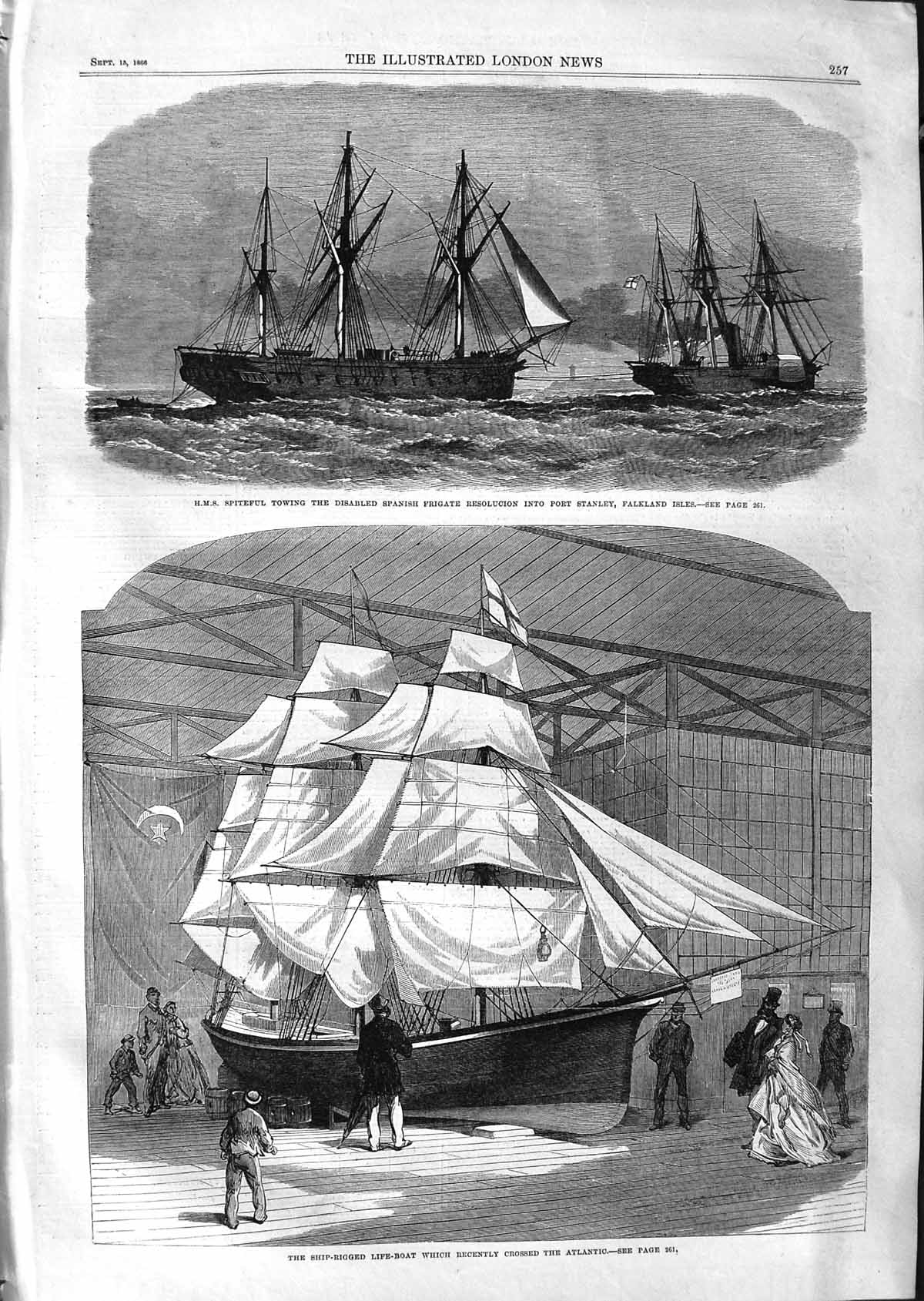 Original Old Antique Print 1866 Ship Spiteful Resolucion Port Stanley Life-Boat