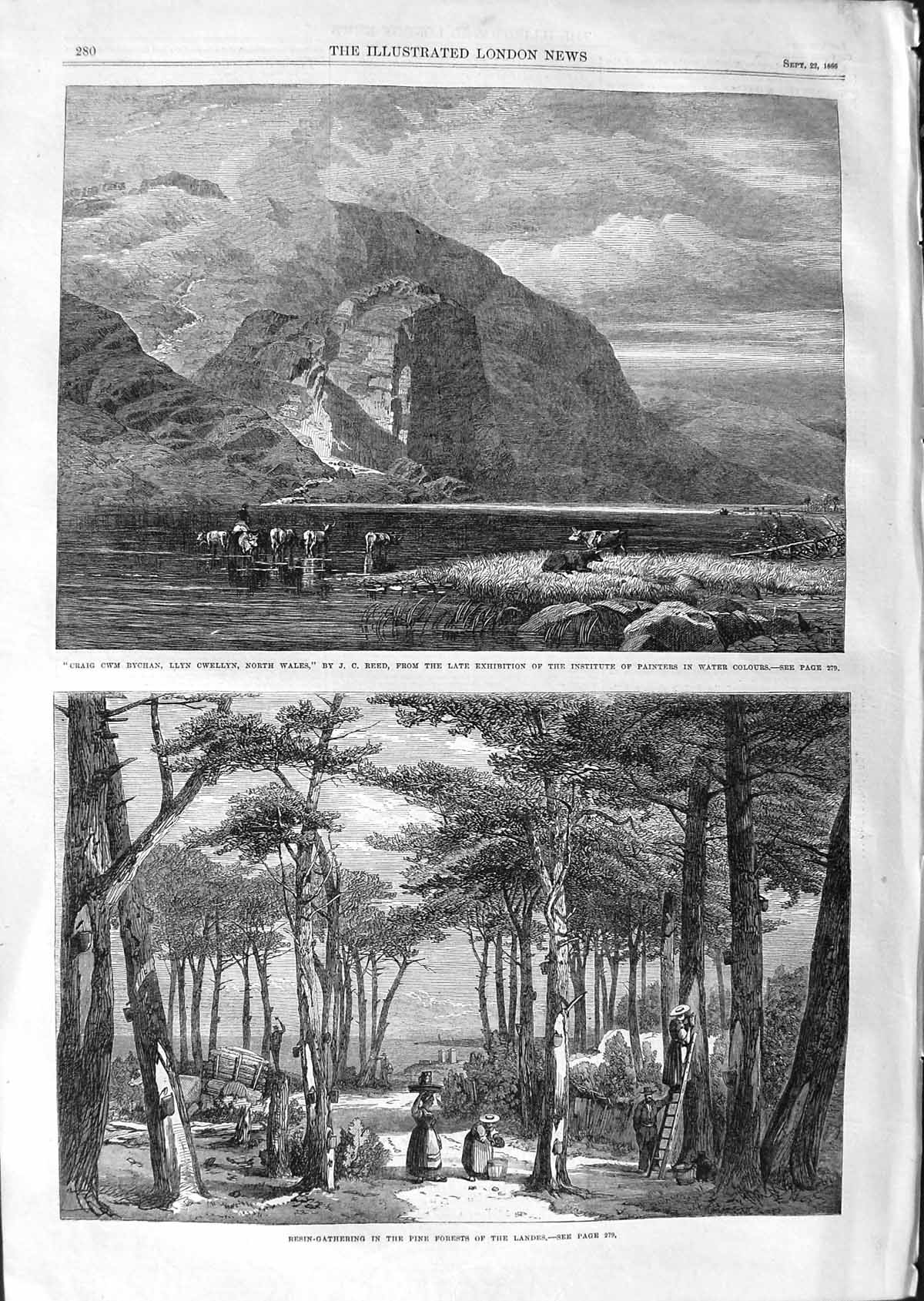 Old Antique Print 1866 Craig Cwn Bychan Llyn Cwellyn Wales Resin Landes 19th