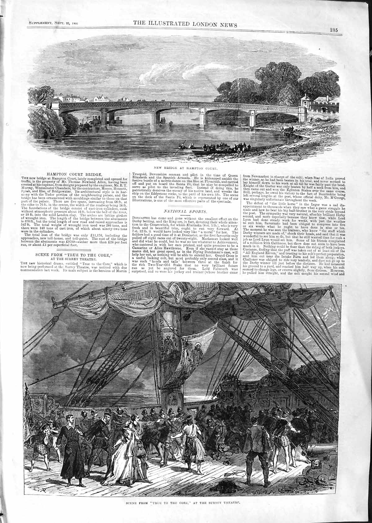 Original Old Antique Print 1866 Bridge Hampton Court Surrey Theatre True Core