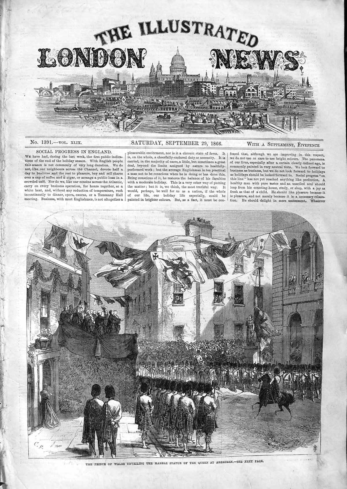 Original Old Antique Print 1866 Prince Wales Marble Statue Queen Aberdeen 19th