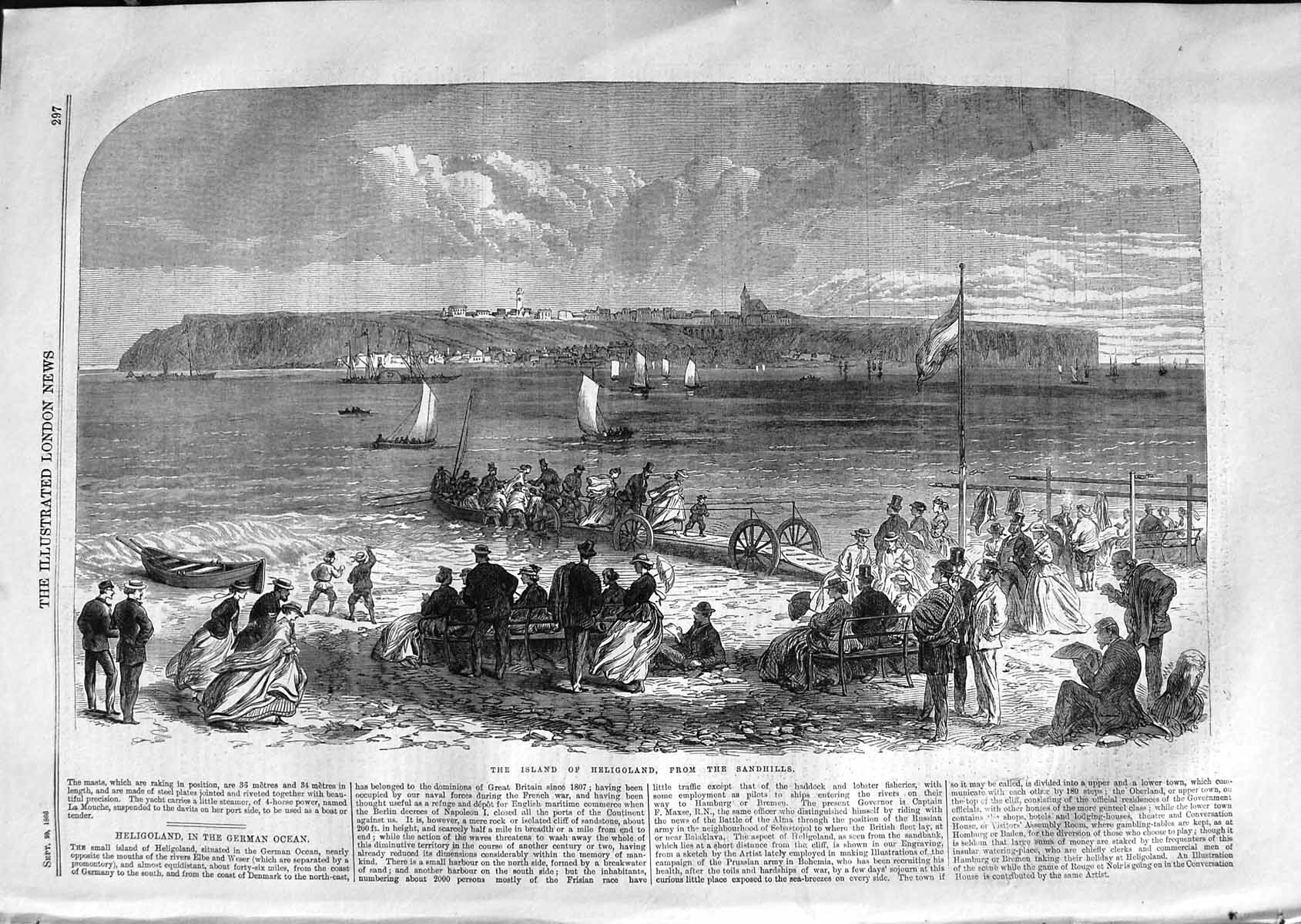 Original Old Antique Print 1866 Island Heligoland Sandhills Yachts Germa 19th