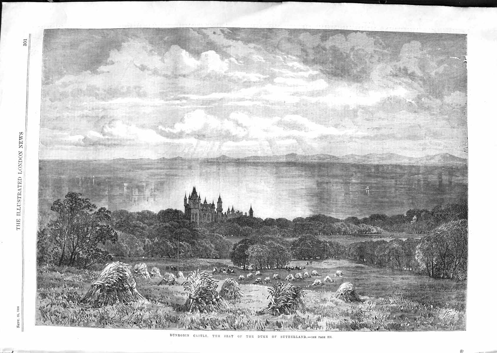 Original Old Antique Print 1866 View Dunrobin Castle Golspie Duke Sutherland