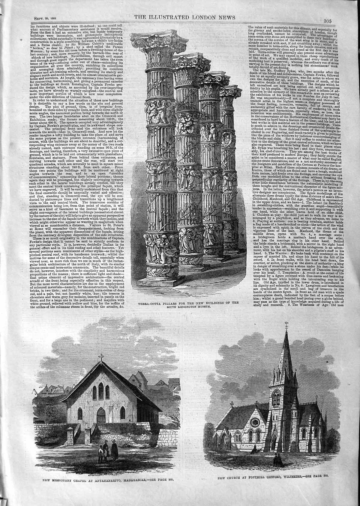 Original Old Antique Print 1866 Terra-Cotta Pillars Kensington Church Gifford