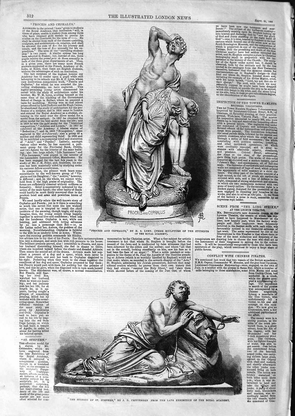 Original Old Antique Print 1866 Statue Procris Cephalus Stoning St. Stephen