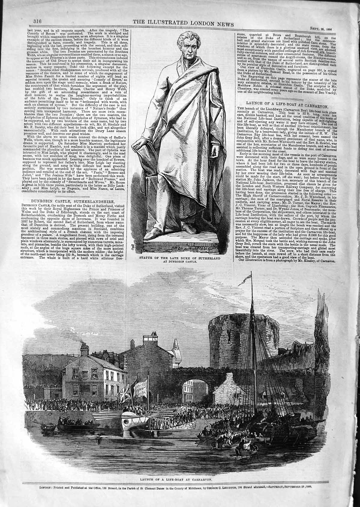 Old Antique Print 1866 Statue Duke Sutherland Launch Life-Boat Carnarvon 19th