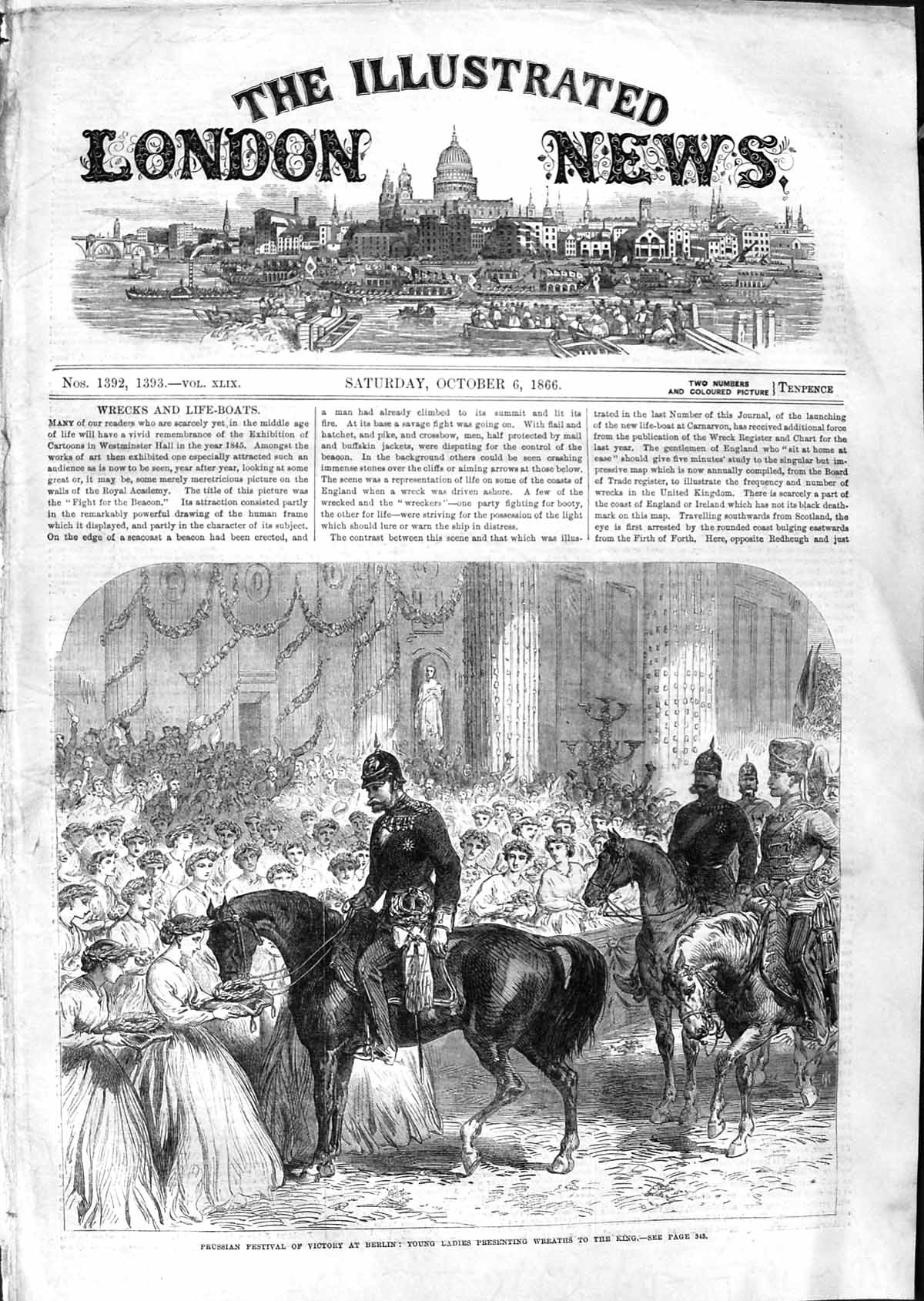Original Old Antique Print 1866 Prussian Festival Victory Berlin Wreaths Kings