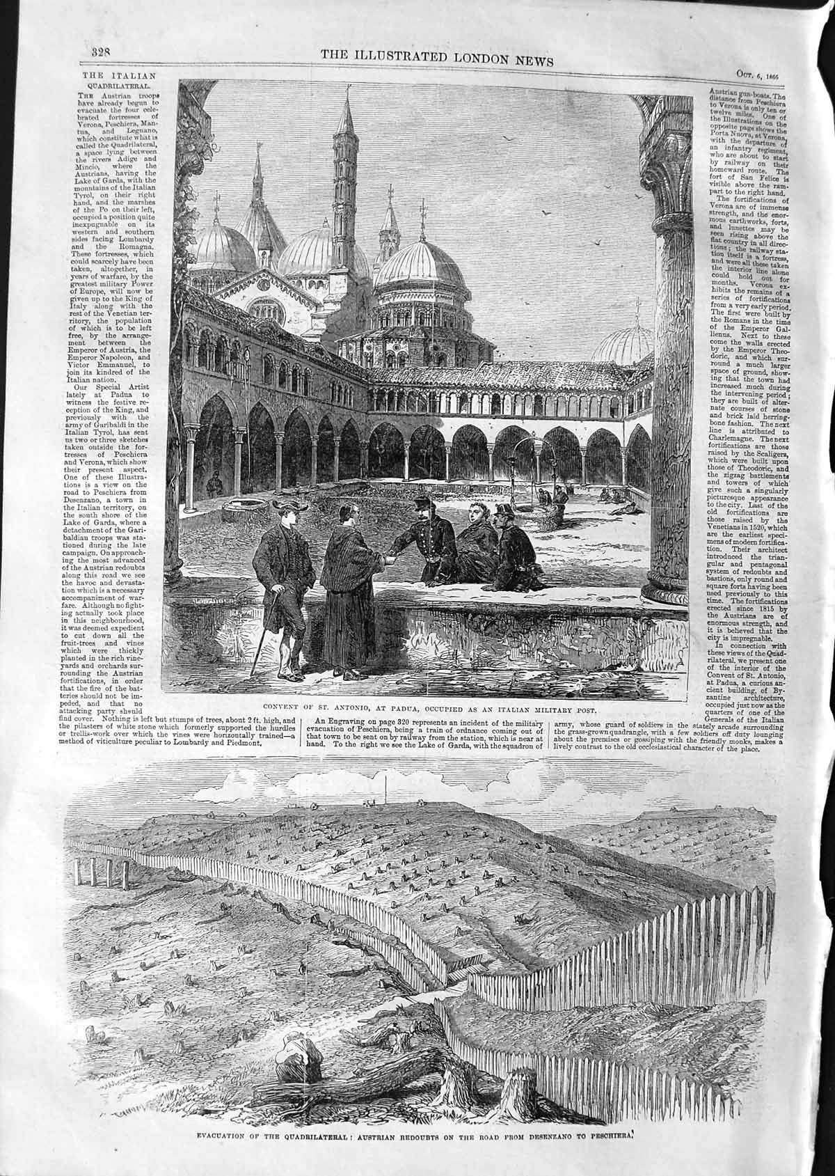 Original Old Antique Print 1866 Convent Antonio Padua Quadrilateral Redoubt