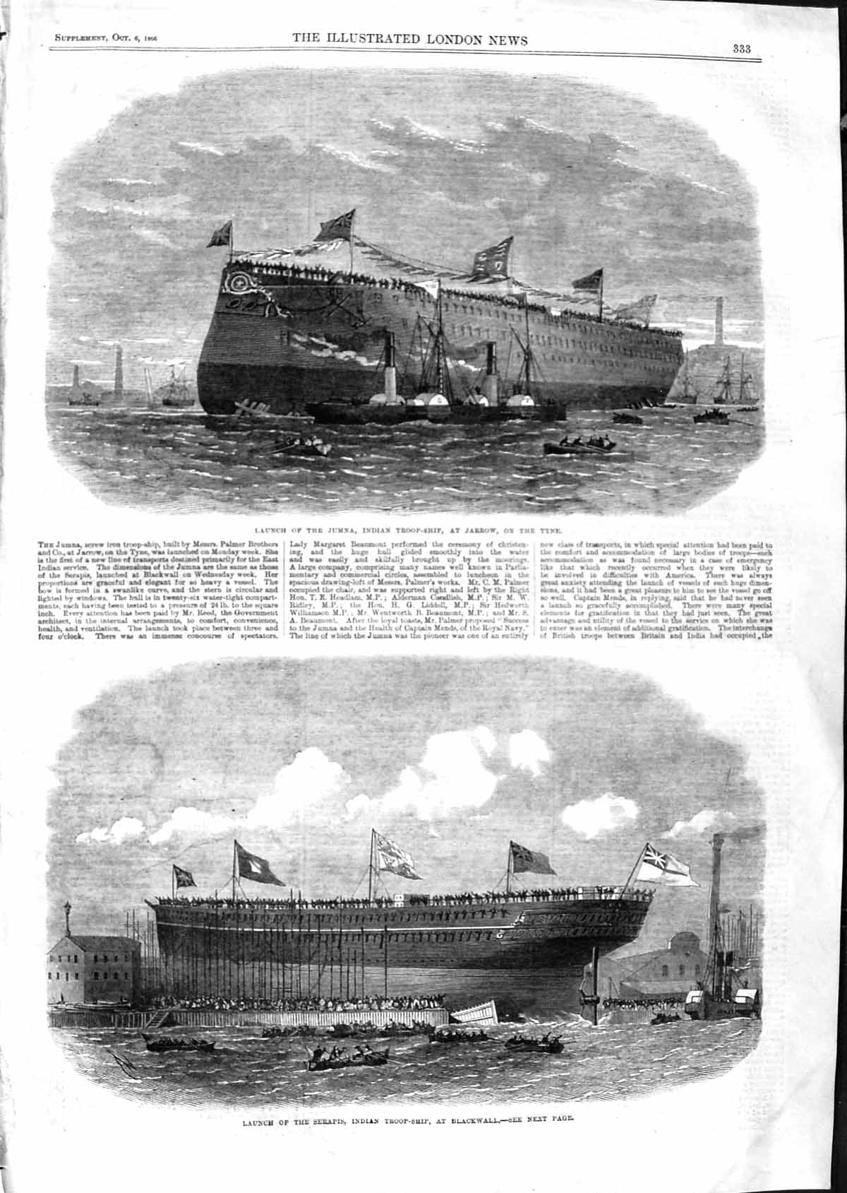 Old Antique Print 1866 Launch Ship Jumna Jarrow Tyne Serapis Indian Troop 19th