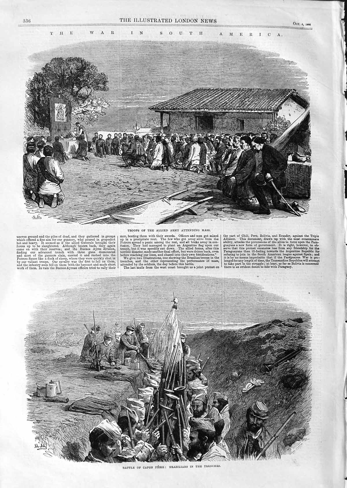 Original Old Antique Print 1866 War South America Battle Capon Peris Brazilians