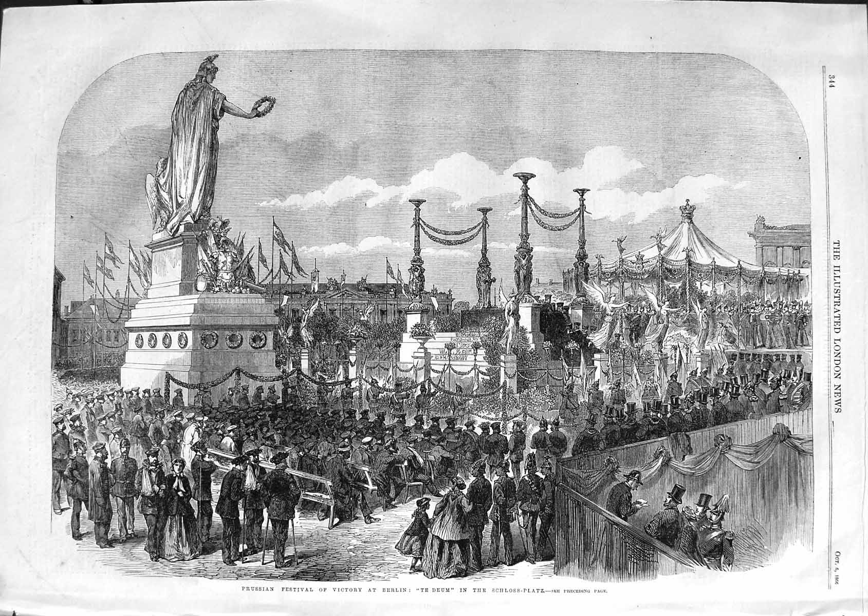 Antique Old Print *3577 1866 Prussian Festival Victory Berlin Schloss-Platz