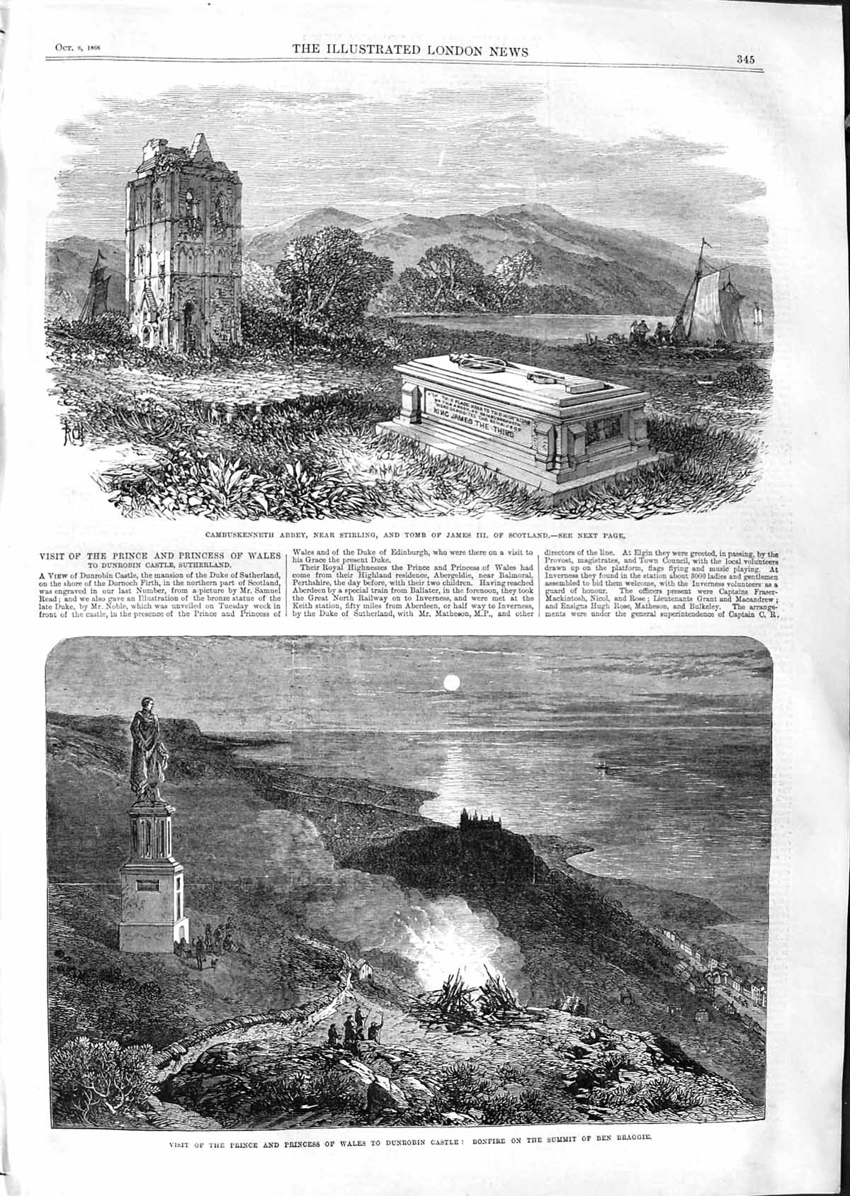 Old Antique Print 1866 Cambuskenneth Tomb James Dunrobin Castle Braggie 19th