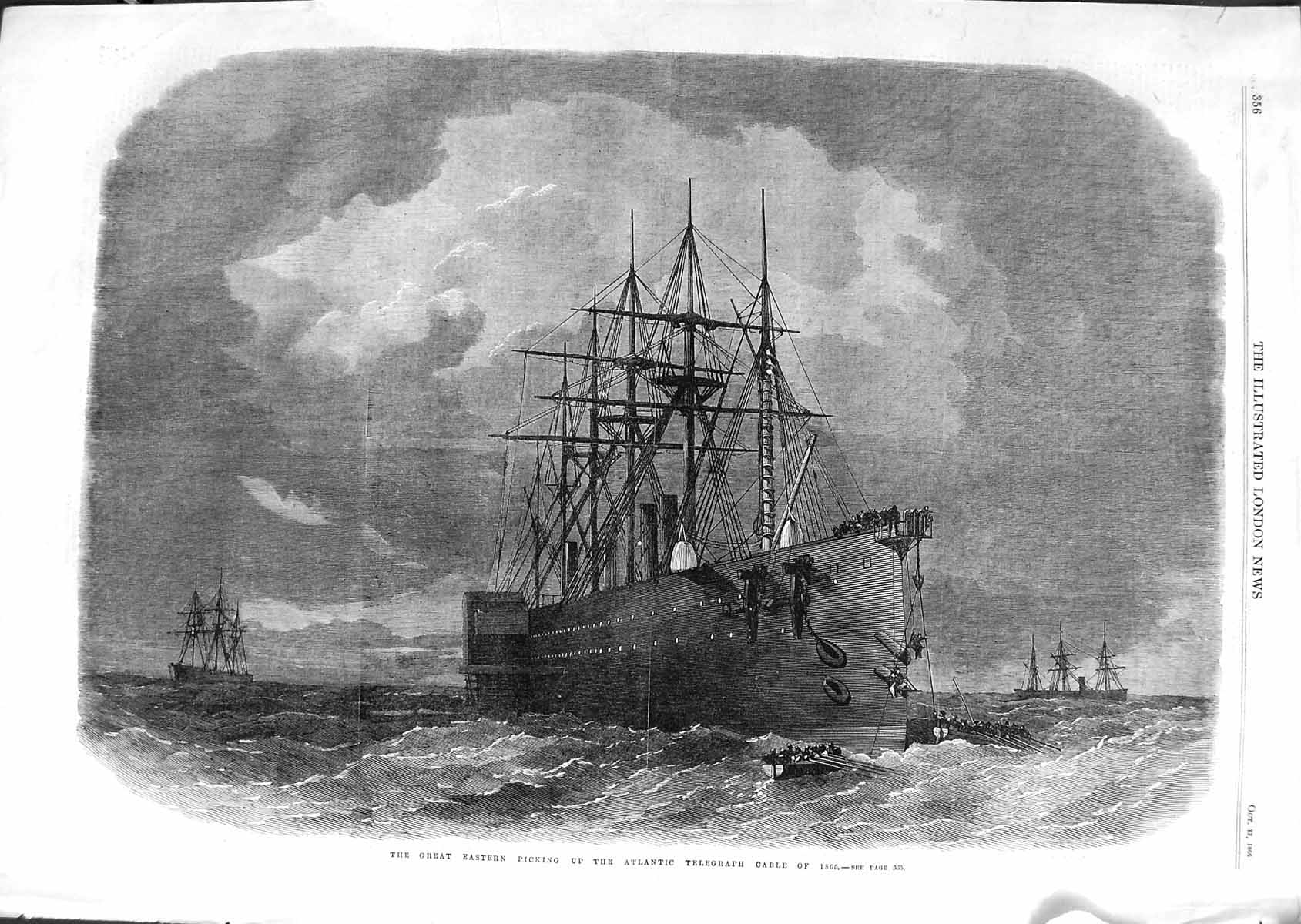 Original Old Antique Print 1866 Great Easter Ship Atlantic Telegraph Cable Art