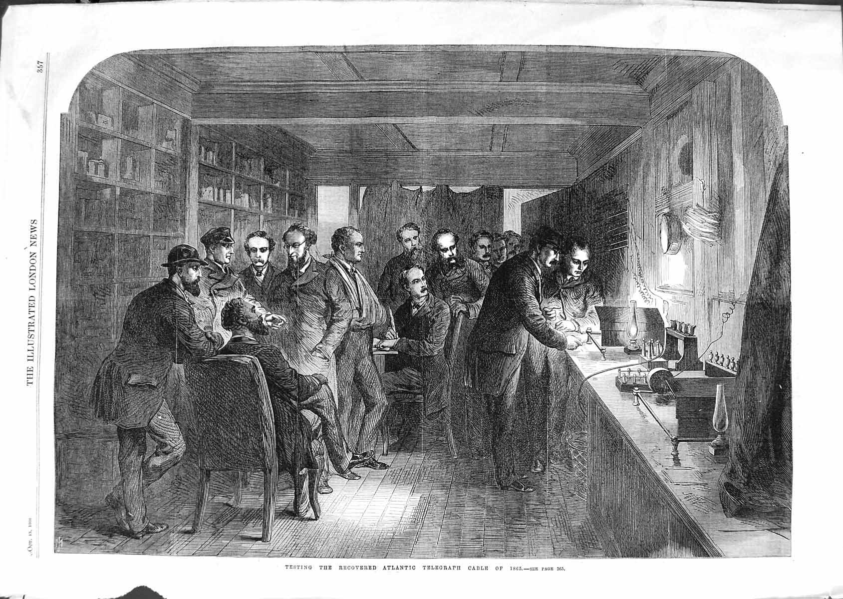 Antique Old Print *3578 1866 Men Testing Recovered Atlantic Telegraph Cable