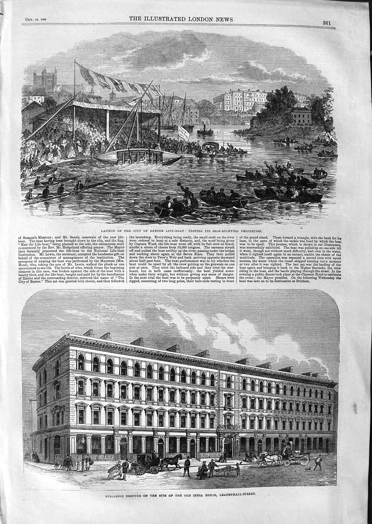 Original Old Antique Print 1866 Exeter Life-Boat India House Leadenhall Street