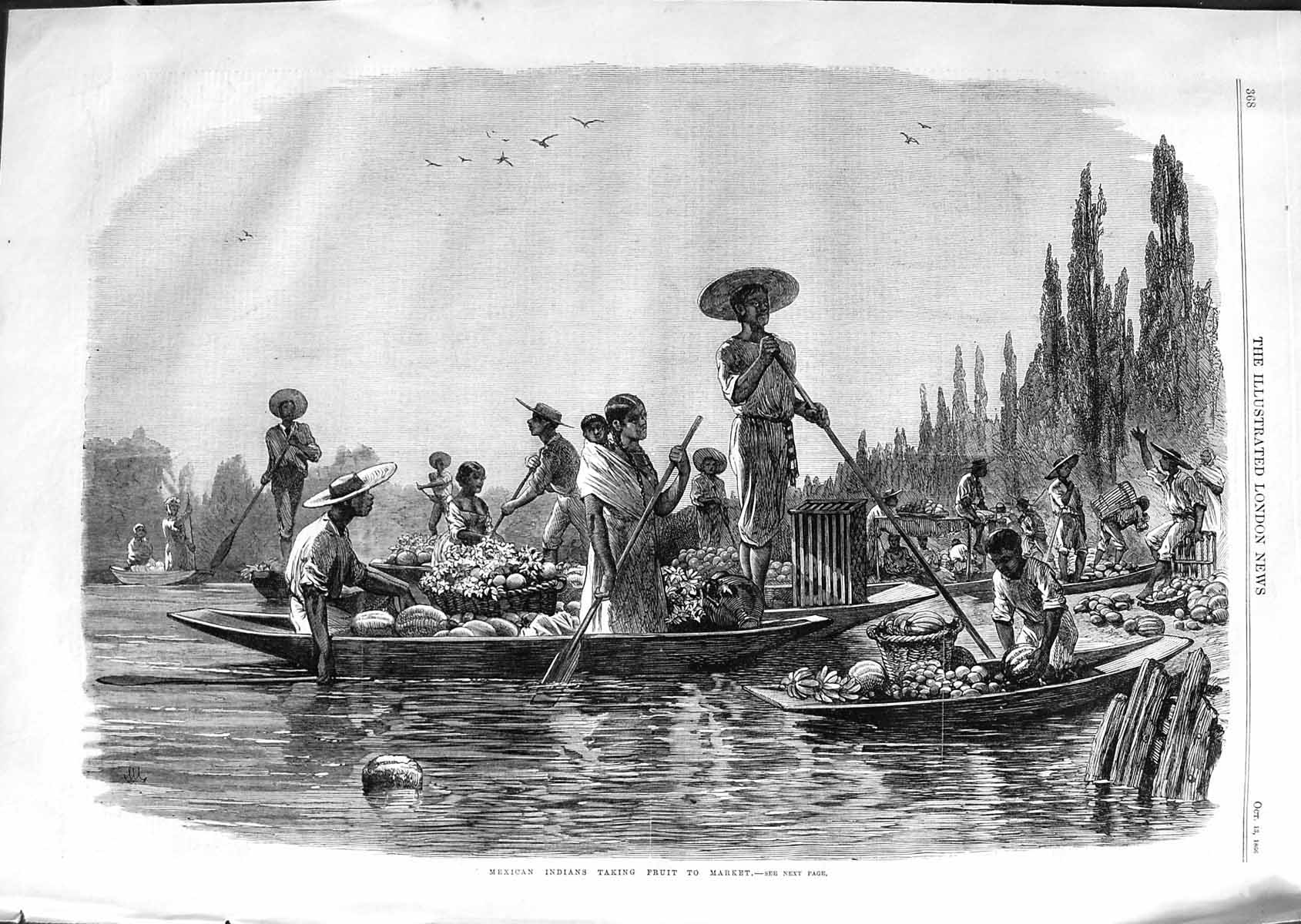 Antique Old Print *3579 1866 Mexican Indians Taking Fruit Market River Boats