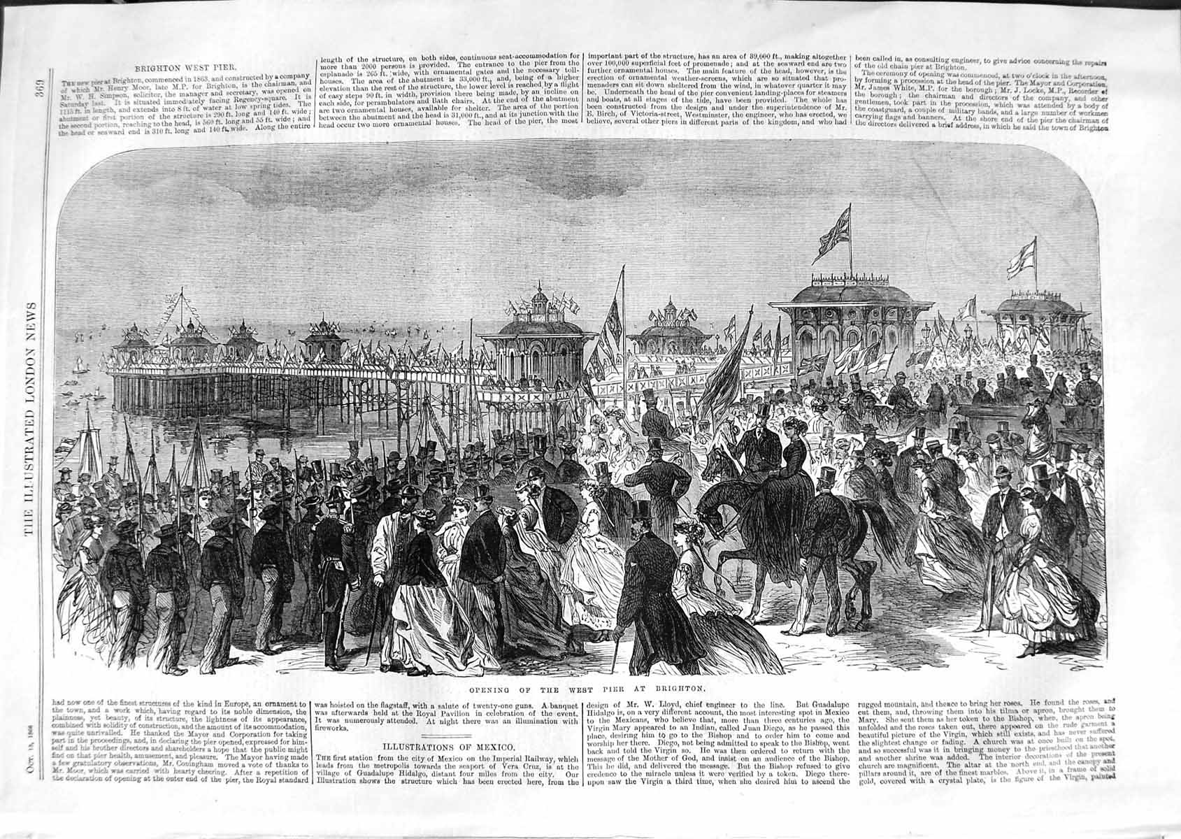 Original Old Antique Print 1866 Scene Opening West Pier Brighton 19th