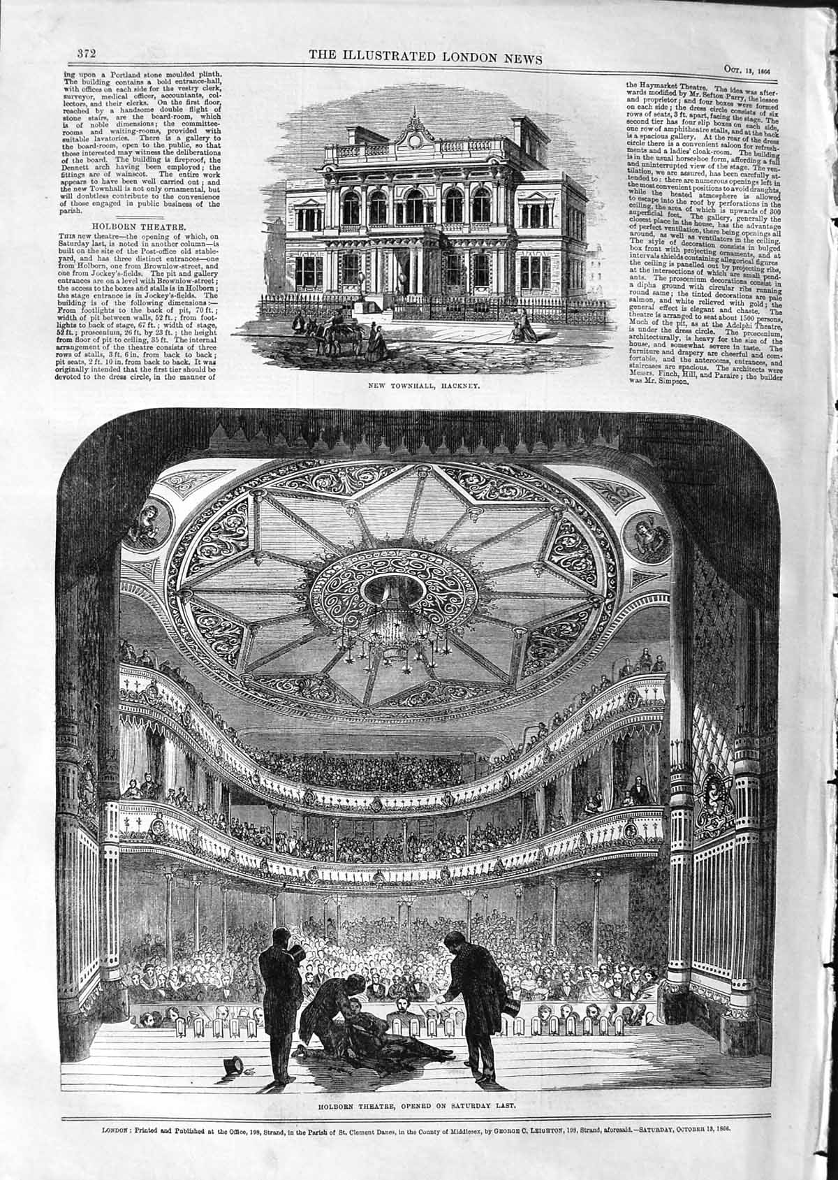 Old Antique Print 1866 New Townhall Hackney Holborn Theatre Architecture 19th