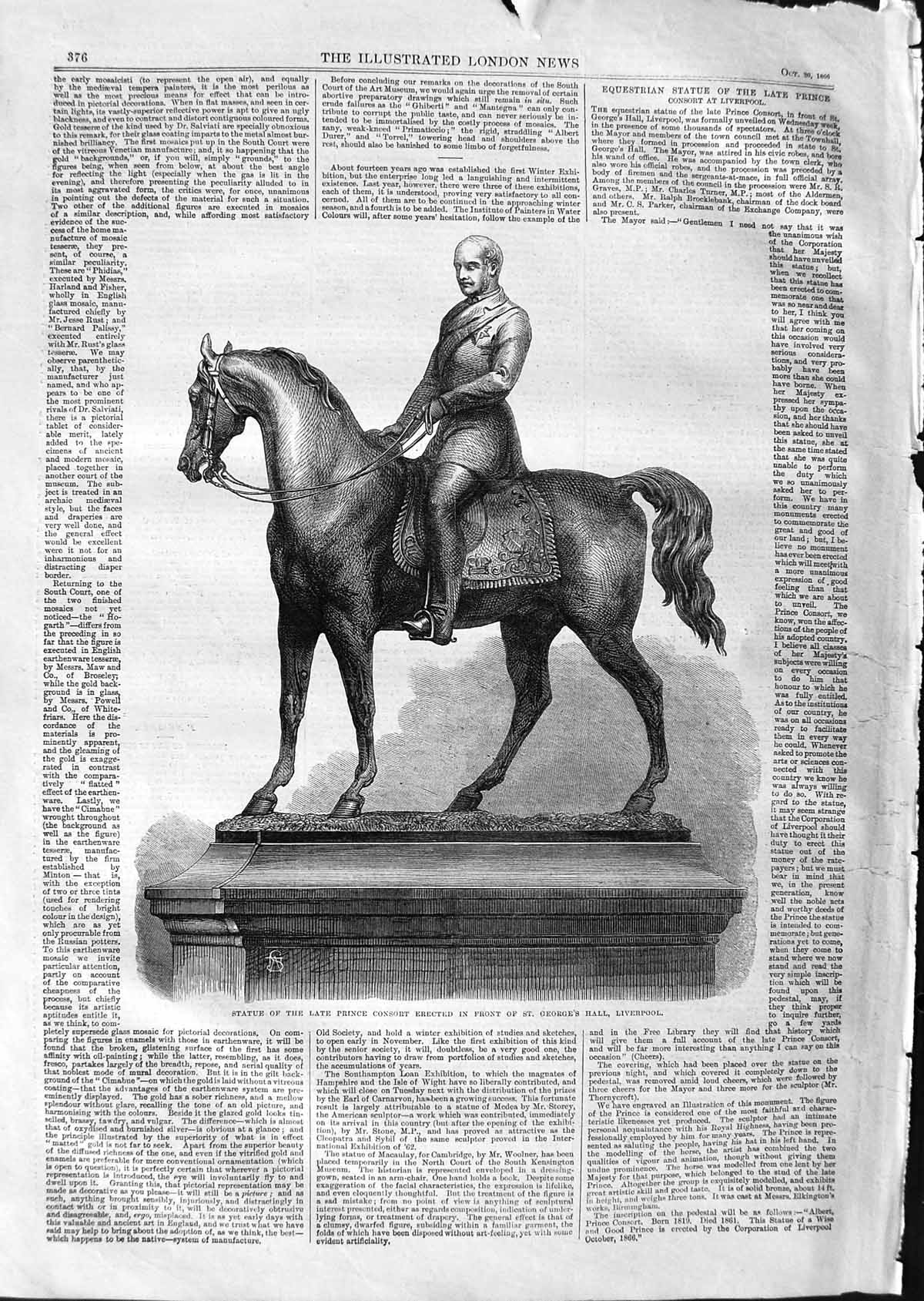 Original Old Antique Print 1866 Statue Prince Consort George'S Hall Liverpool