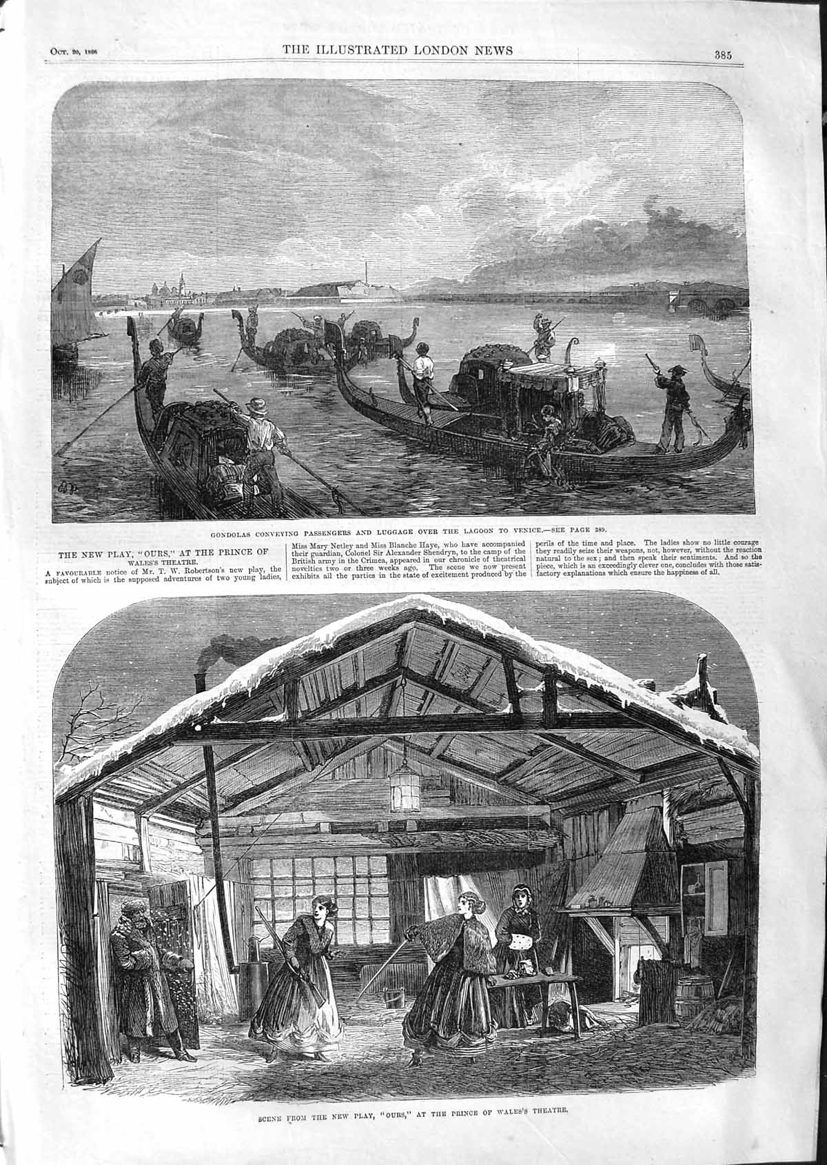 Old Antique Print 1866 Gondolas Lagoon Venice Ours Prince Wales Theatre 19th