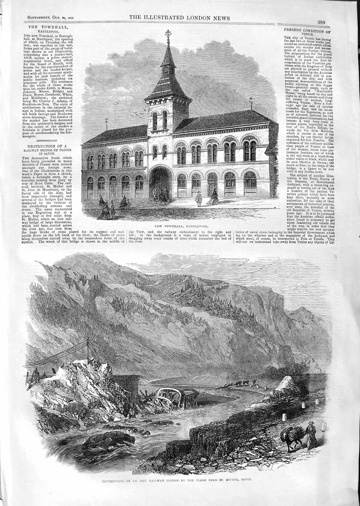 Original Old Antique Print 1866 Townhall Hartlepool Iron Railway Bridge Savoy
