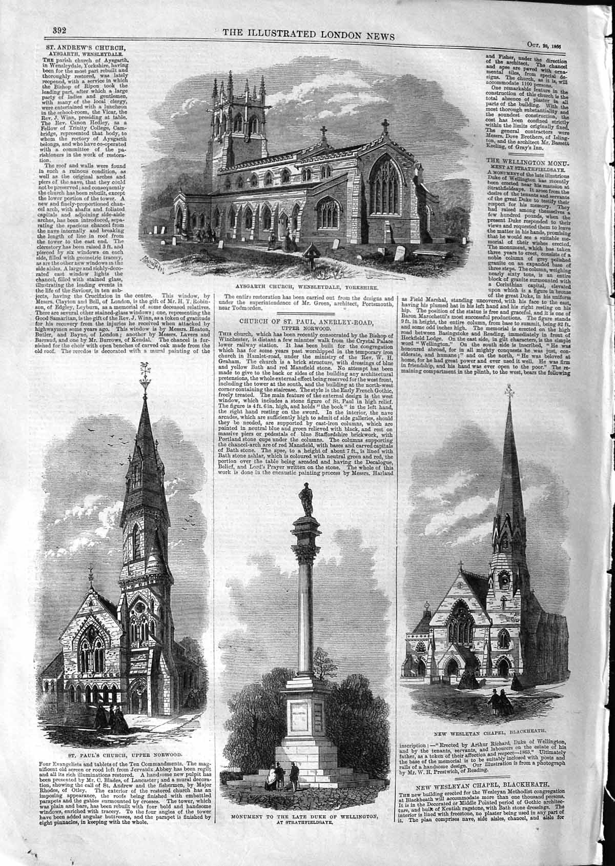 Original Old Antique Print 1866 Aysgarth Church Wesleyan Chapel Duke Wellington