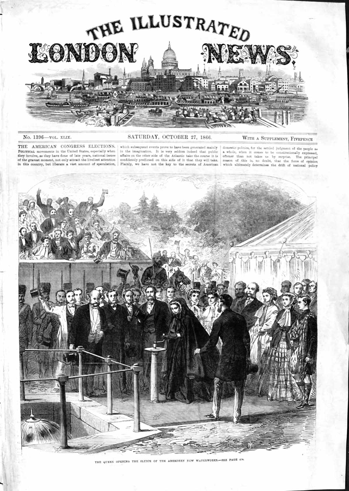 Old Antique Print 1866 Queen Opening Sluice Aberdeen Waterworks Scotland 19th