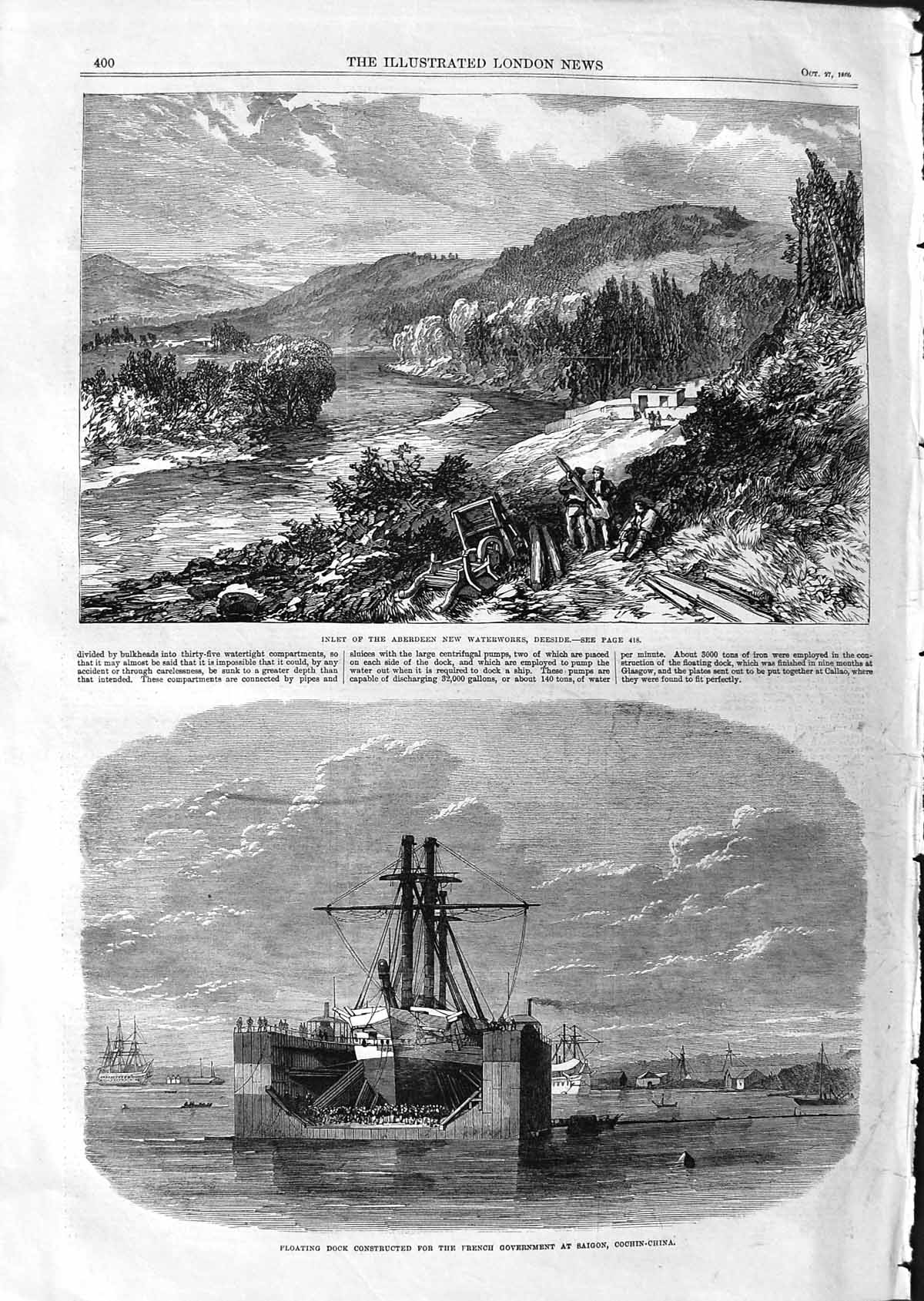 Original Old Antique Print 1866 Aberdeen Waterworks Deeside Dock Cochin China