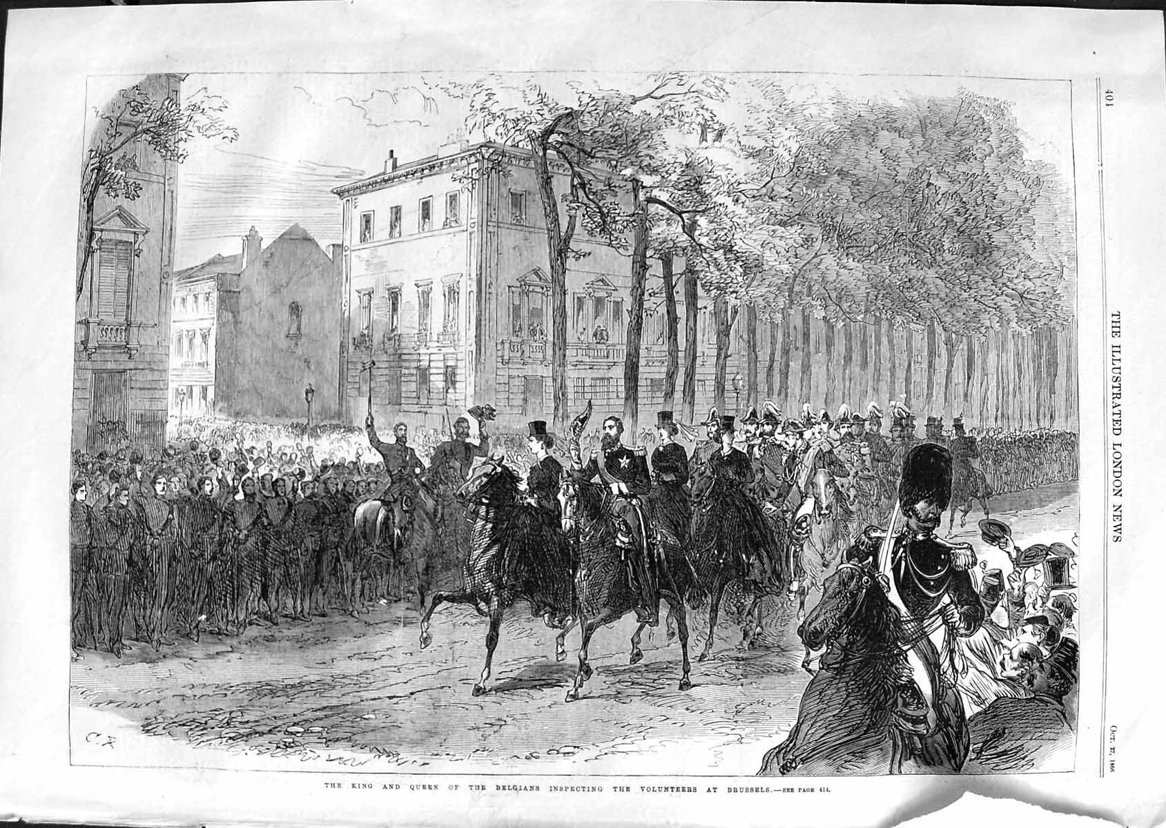 Original Old Antique Print 1866 King Queen Belgians Volunteers Brussels Siers
