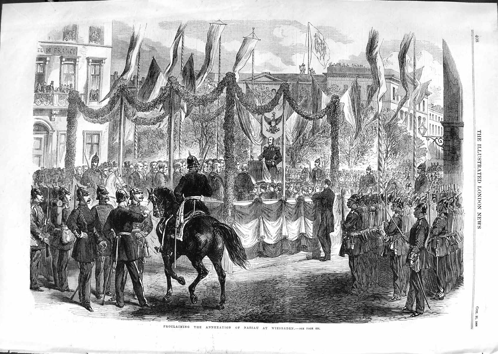 Antique Old Print *3582 1866 Proclaiming Annexation Nassau Wiesbaden Siers