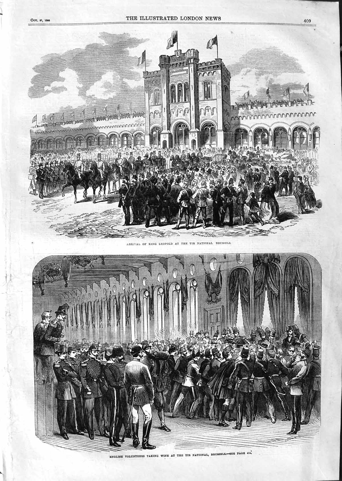 Original Old Antique Print 1866 King LeopTir National Brussels English Army