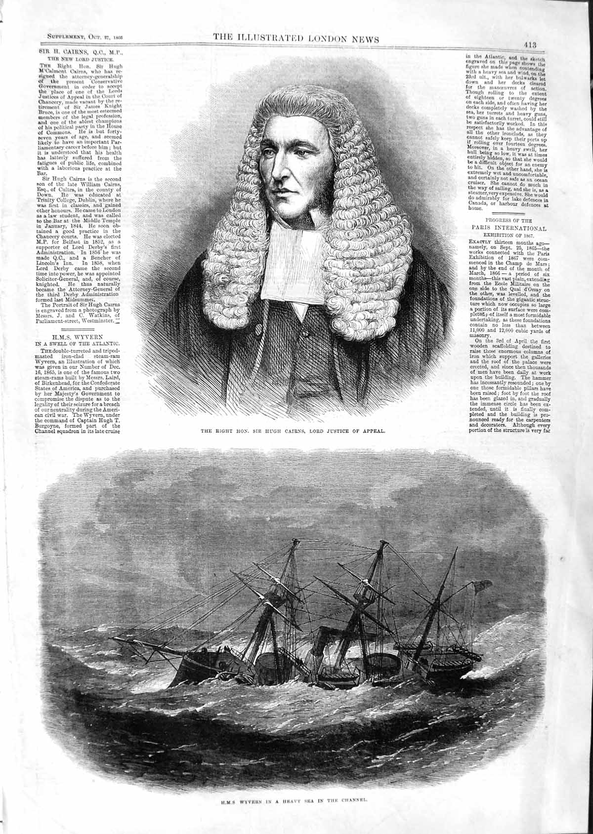 Old Antique Print 1866 Hugh Cairns Lord Justice Ship Wyvern Channel Sea 19th