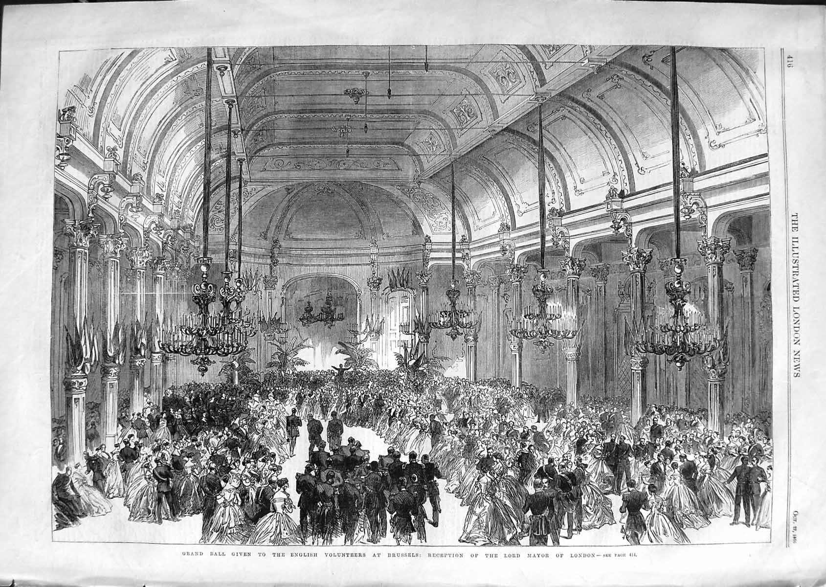 Old Antique Print 1866 Grand Ball English Volunteers Brussels Lord London 19th