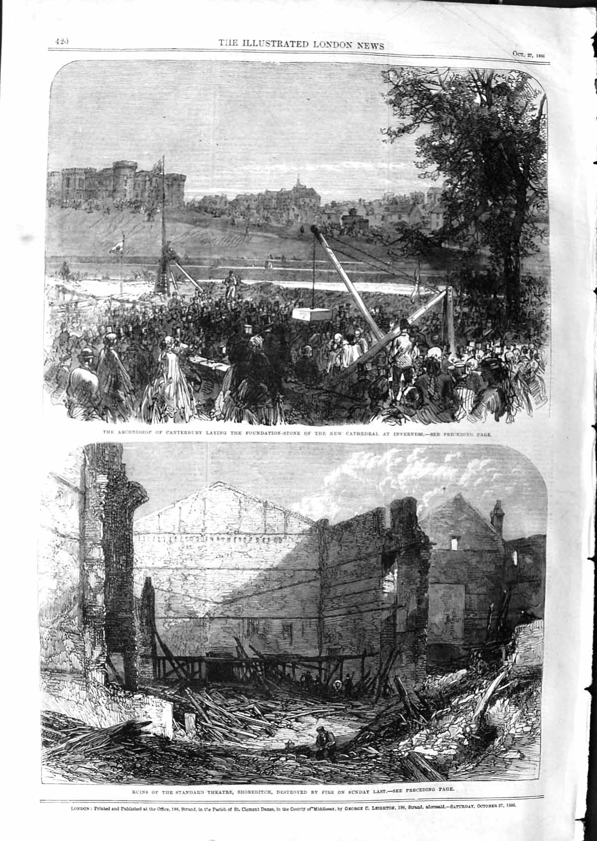 Old Antique Print 1866 Archbishop Canterbury Cathedral Inverness Theatre 19th