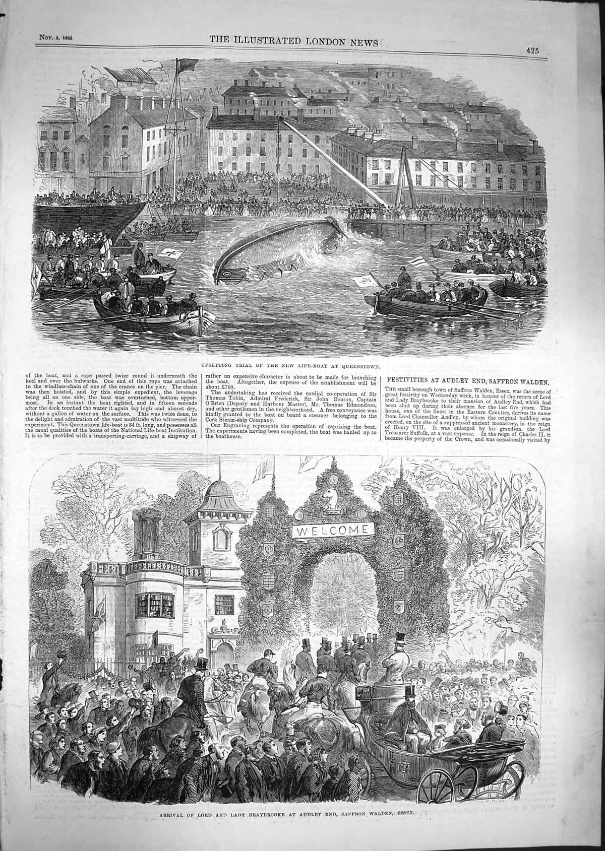 Original Old Antique Print 1866 Life-Boat Queenstown Lord Braybrooke Audley End