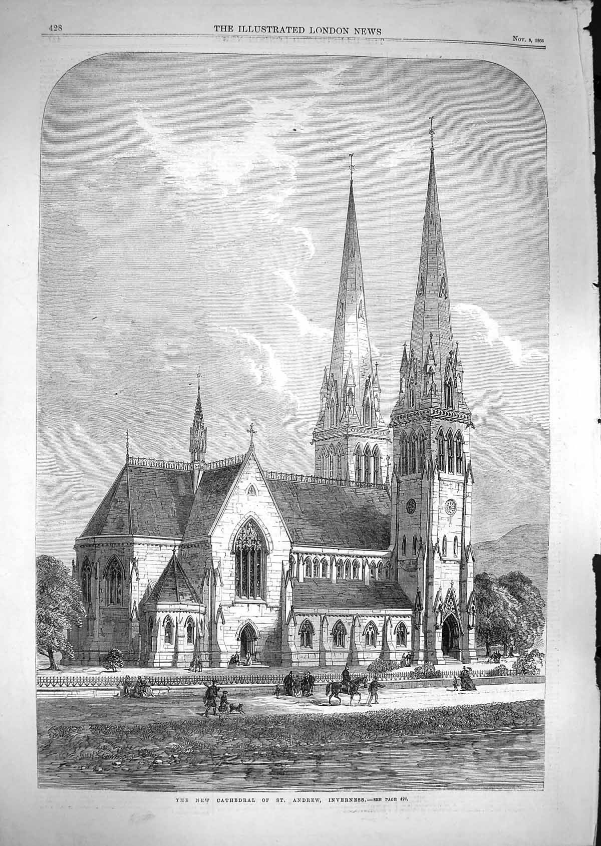 Old Antique Print 1866 Cathedral Andrew Inverness Scotland Architecture 19th