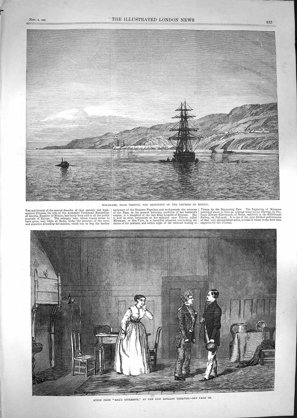 Original Old Antique Print 1866 Miramare Trieste Empress Mexico Royalty Theatre